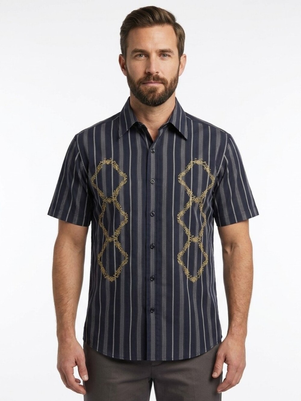 Platini Men's NWT Navy Blue Striped Short Sleeve Button Down Shirt Size Medium